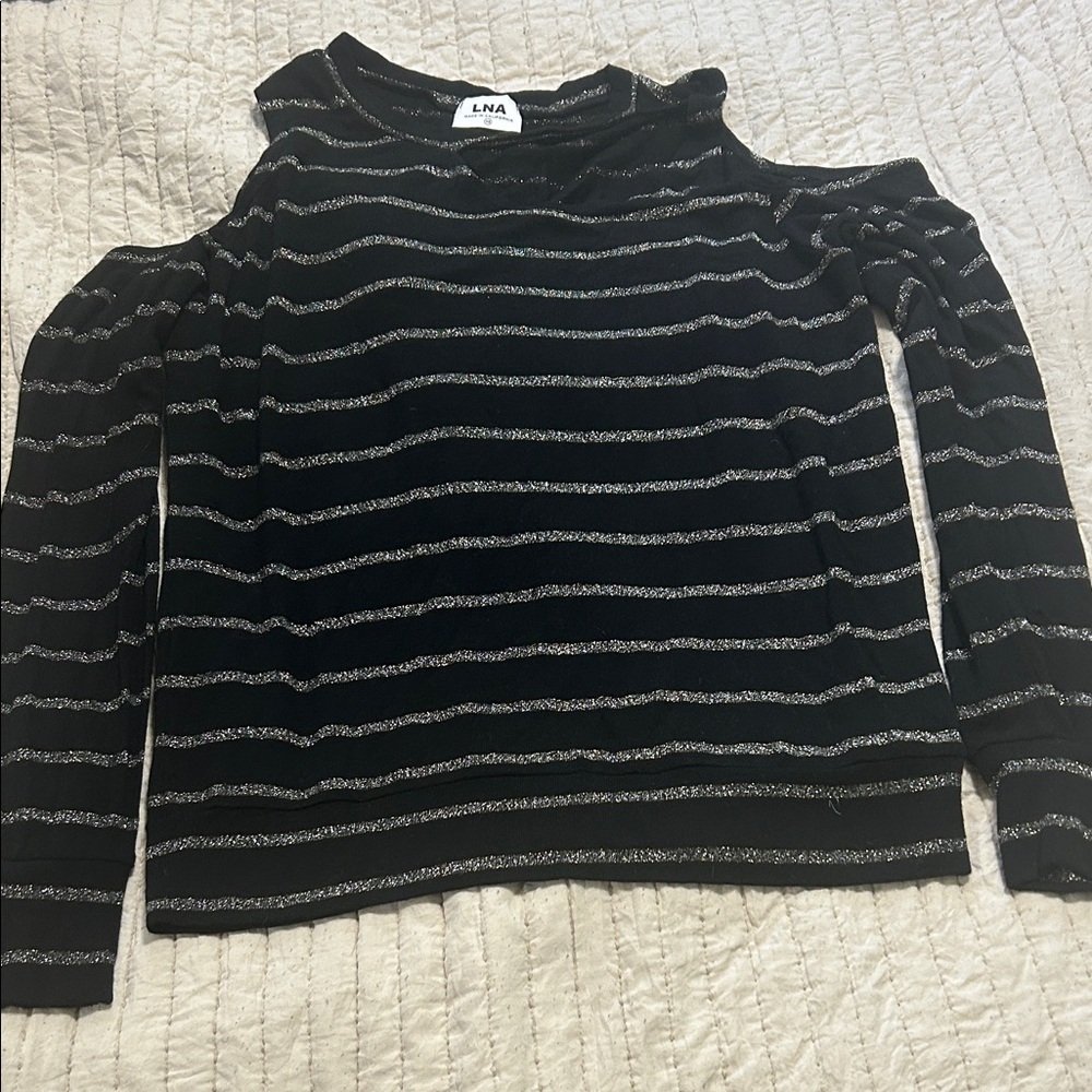 LNA Black Cold-Shoulder Top with Silver Stripes